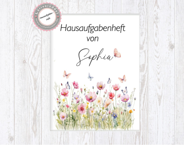 zauberhaftes Schulheft Umschlag Blumen Name Hausaufgabenheft in seperater Hochwertiger Hülle Einschulung Schulkind von Lüttentüddel®